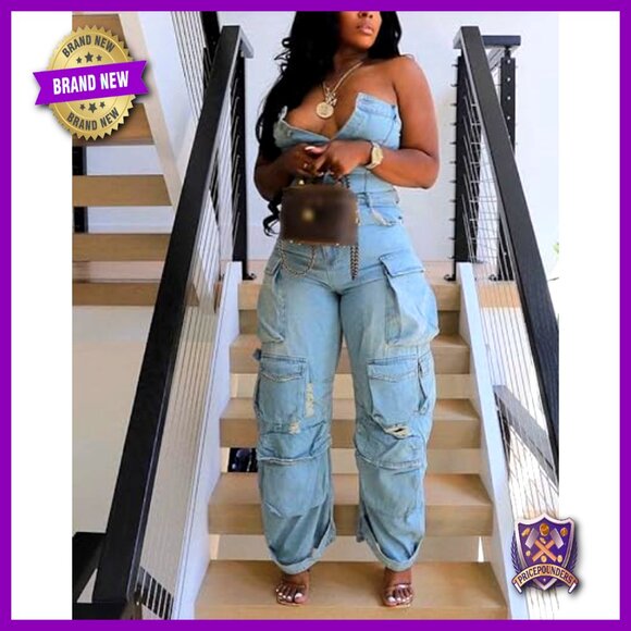 Women's Denim Cargo Jumpsuit Off Shoulder Tube Top Wide Leg Baggy Fit - Picture 4 of 7